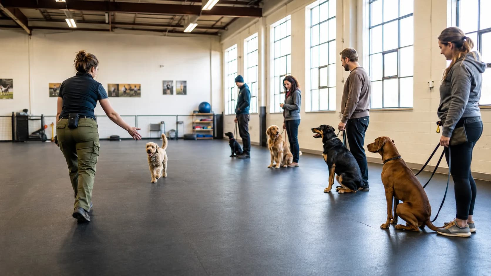 Puppies and handlers attend group obedience at a centre in the US