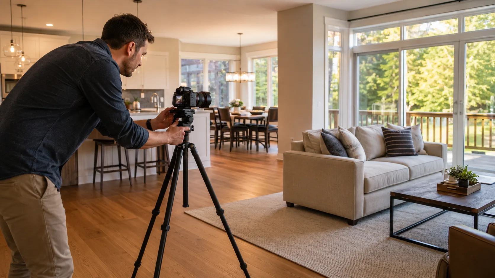 A photographer shoots an open-plan living room in an American house