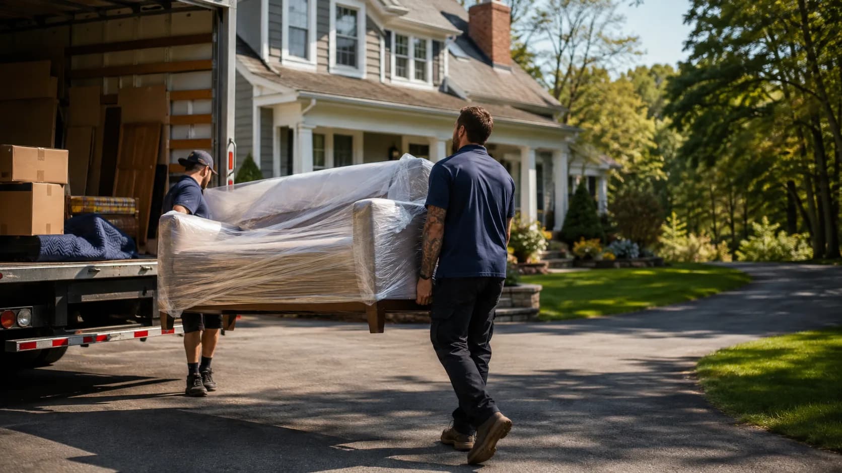 A moving crew carrying a sofa into a truck outside a home in the US
