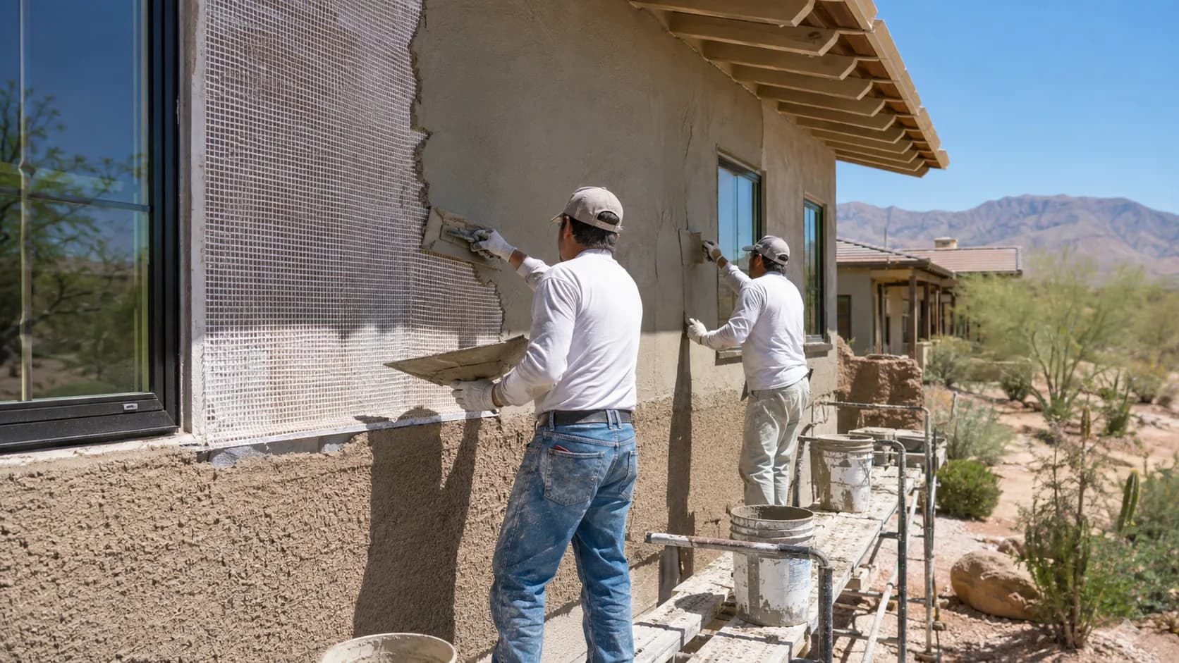 A renderer floating a coat of render onto a house wall in the US