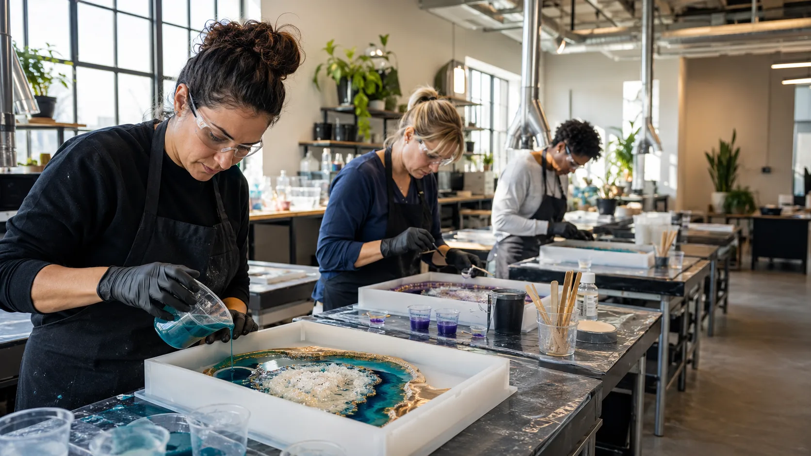An artist tutor guides a resin pour at ventilated workshop stations in the US