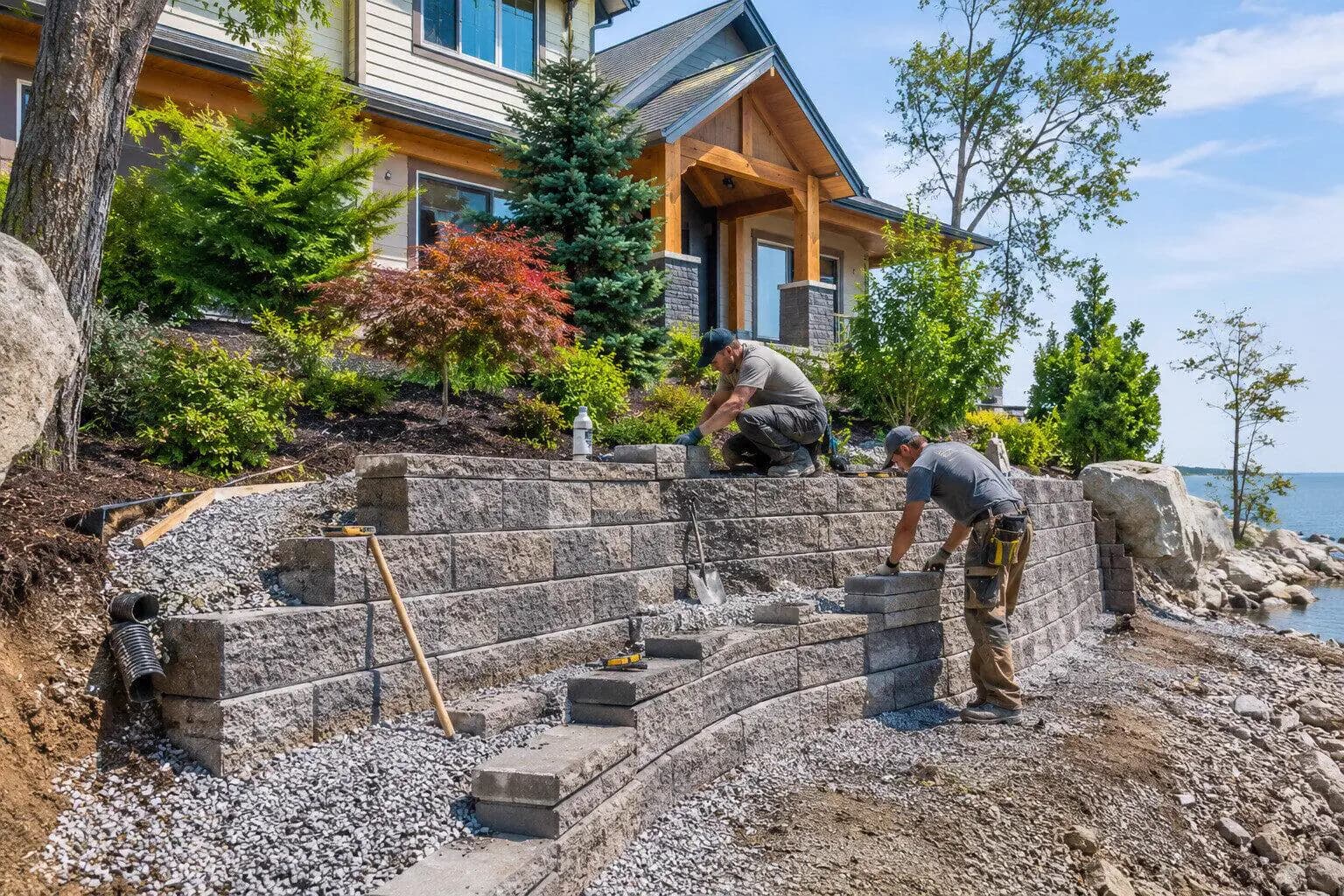 A builder setting a retaining wall in a sloping back garden in the US