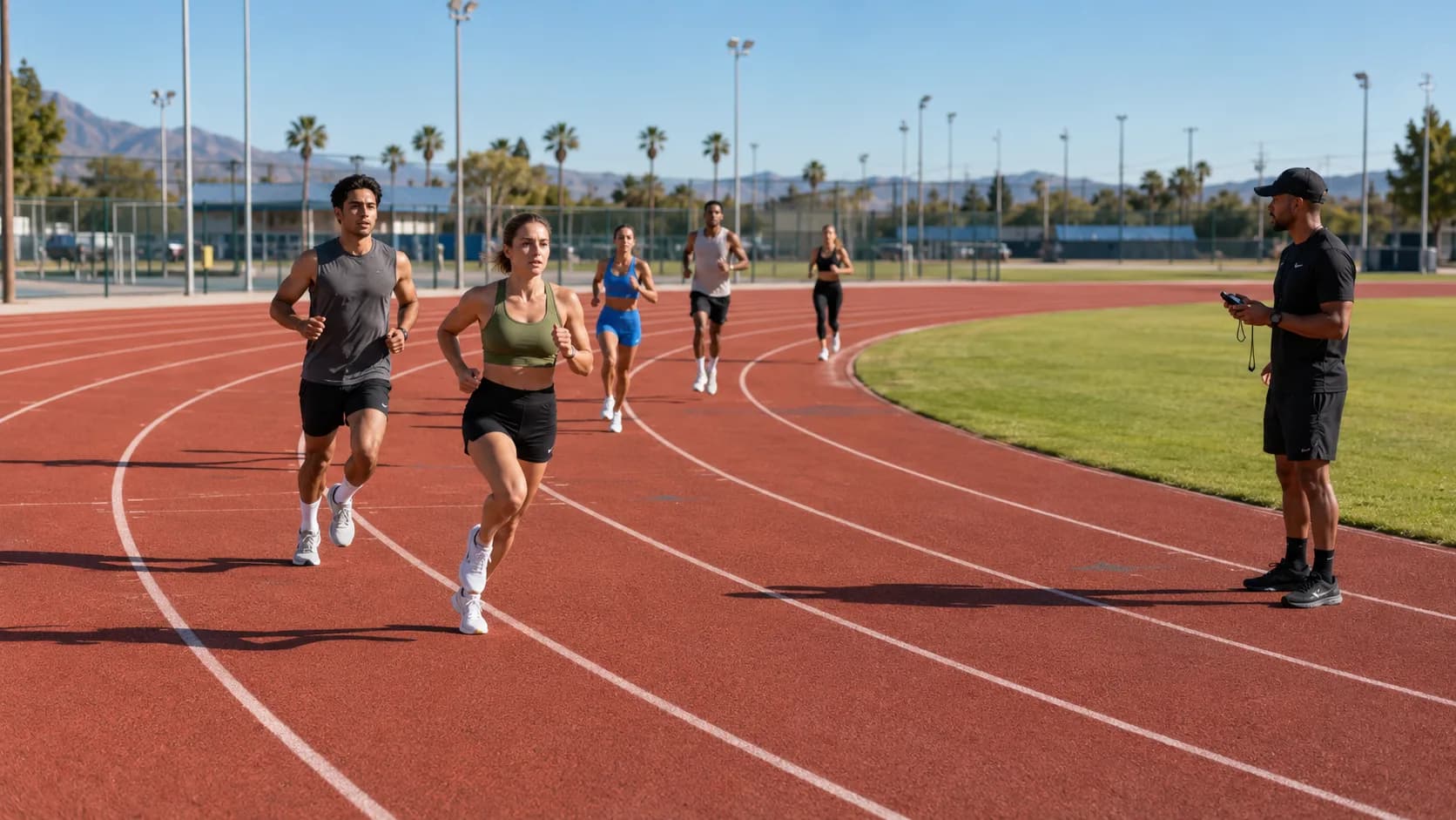 Pace groups begin a coached track workout in the US