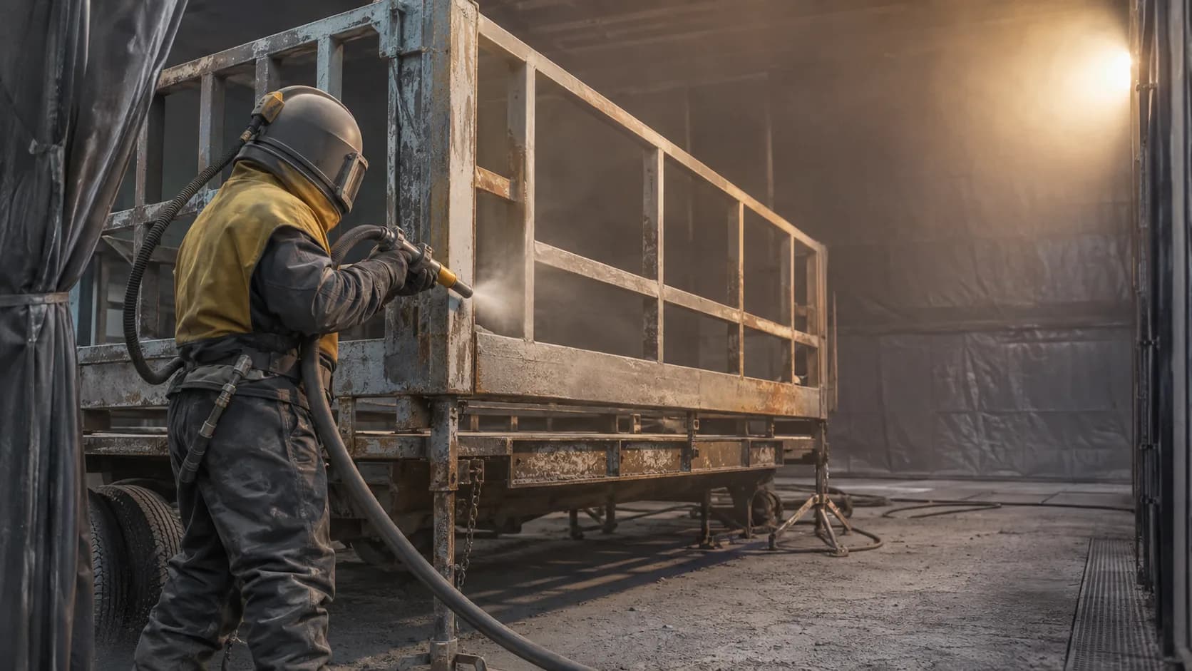 A blaster stripping rusted steel back to bare metal in the US