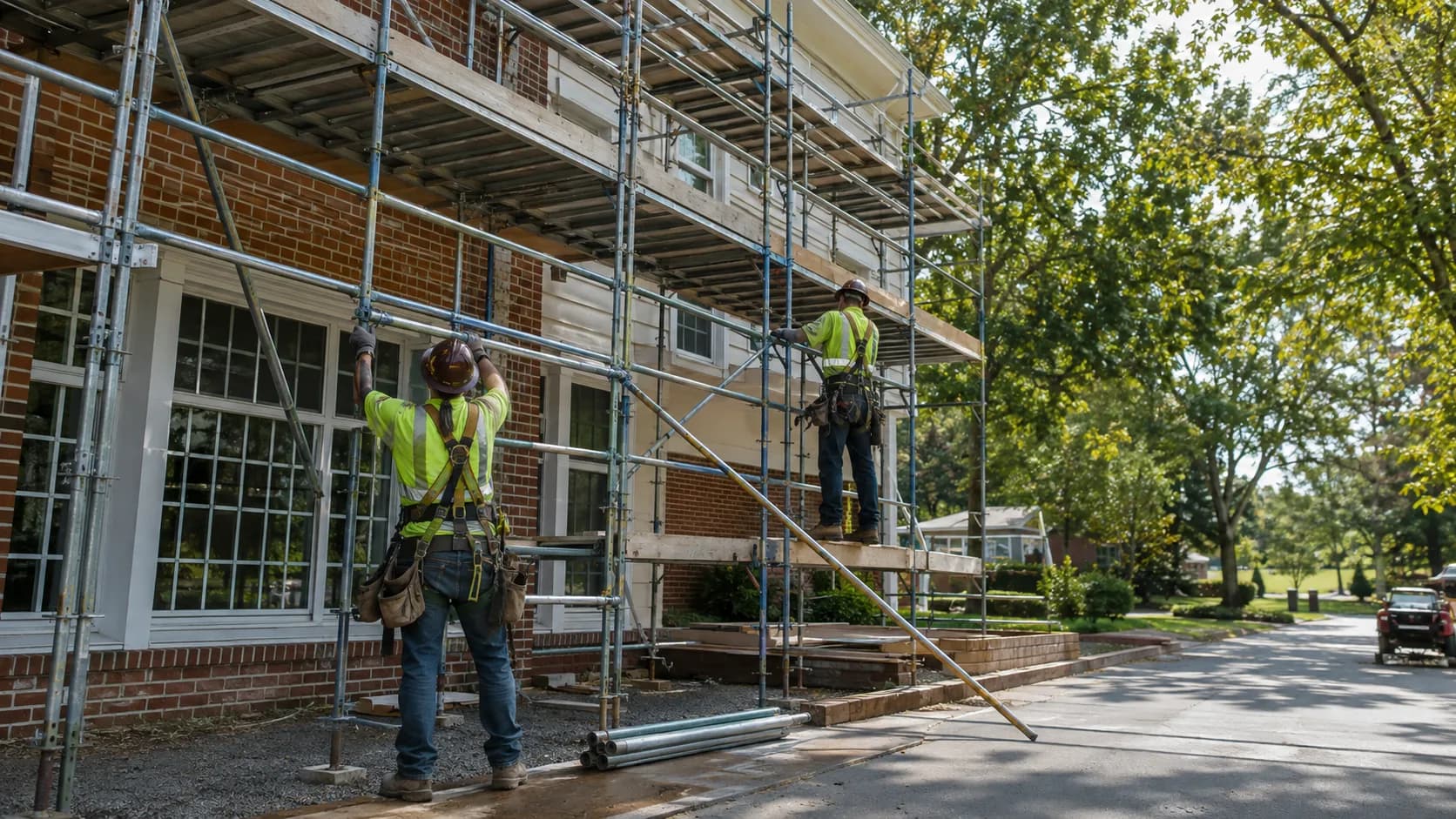 Scaffolders erecting a scaffold on a house in the US