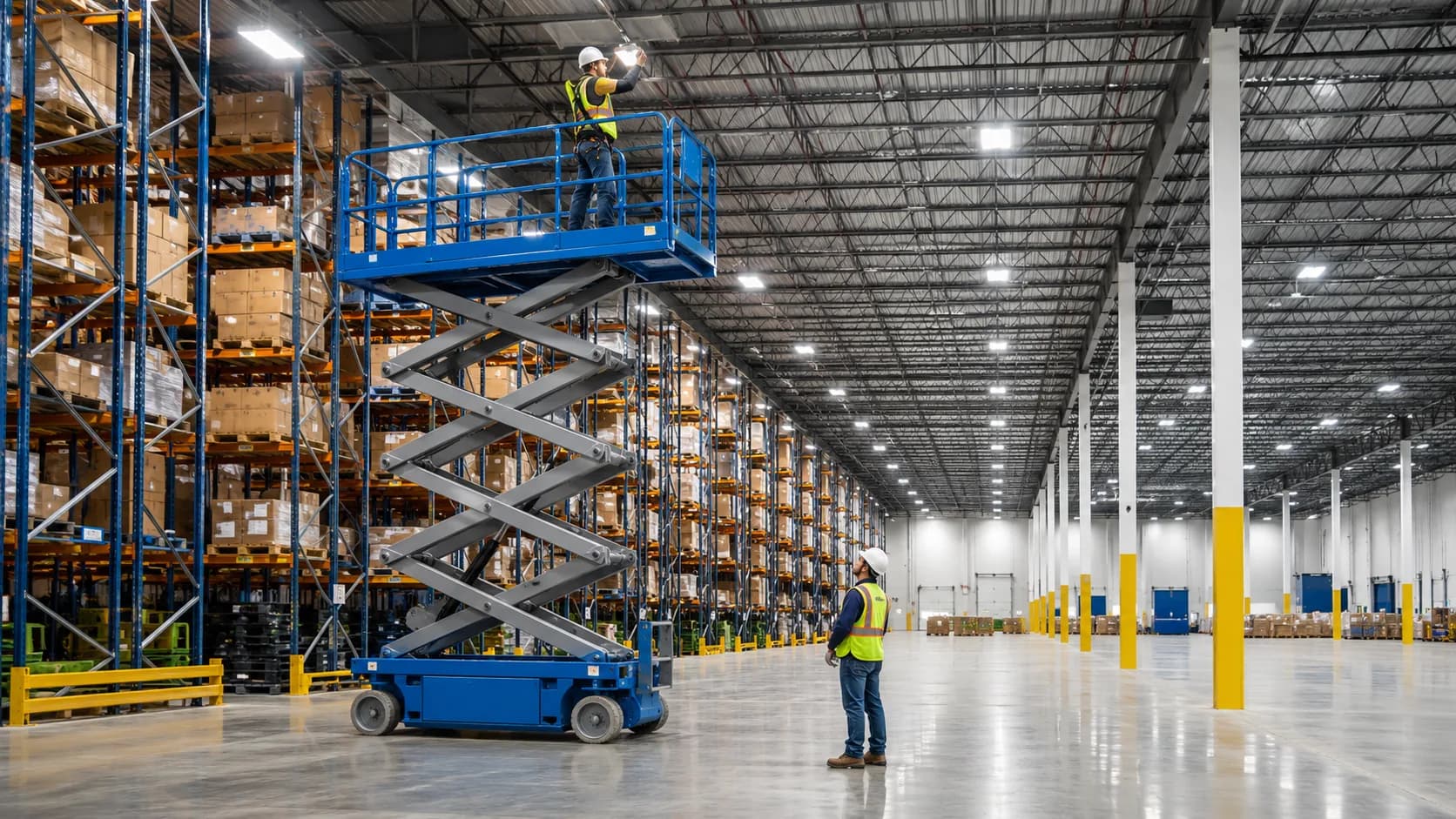 Crew working from a scissor lift in a distribution centre in the US