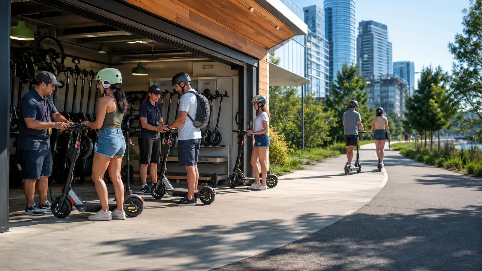 Customers pick up reserved scooter model from a busy counter in the US