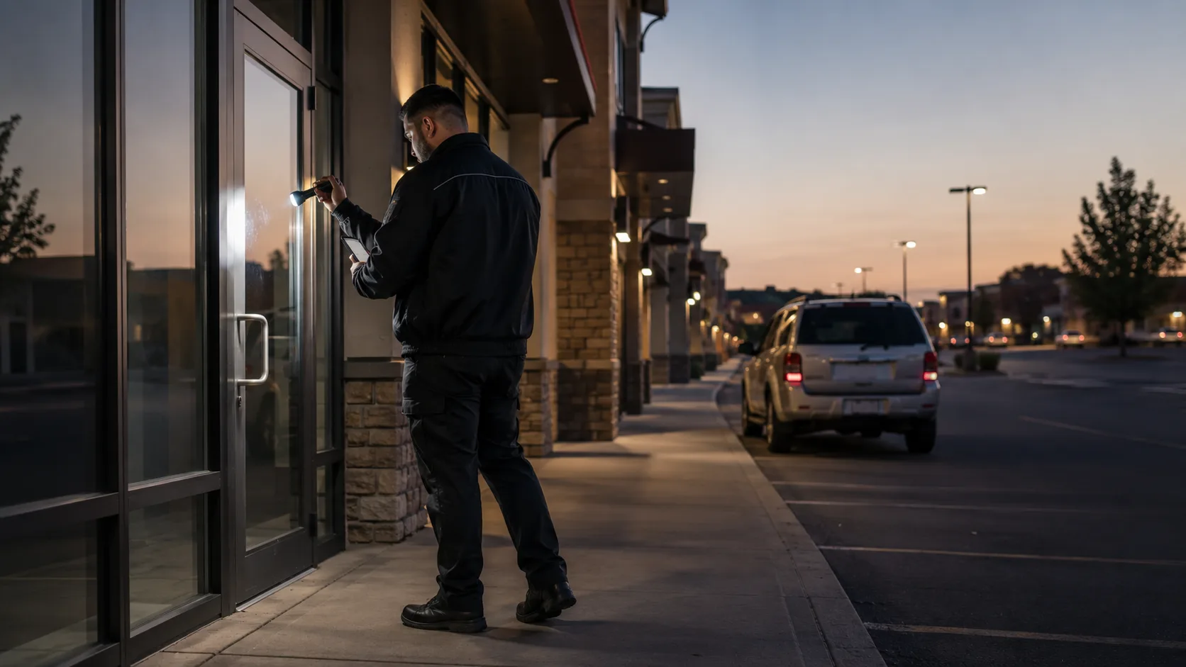 A patrol officer shines a flashlight at a shopfront door in an American street at dusk