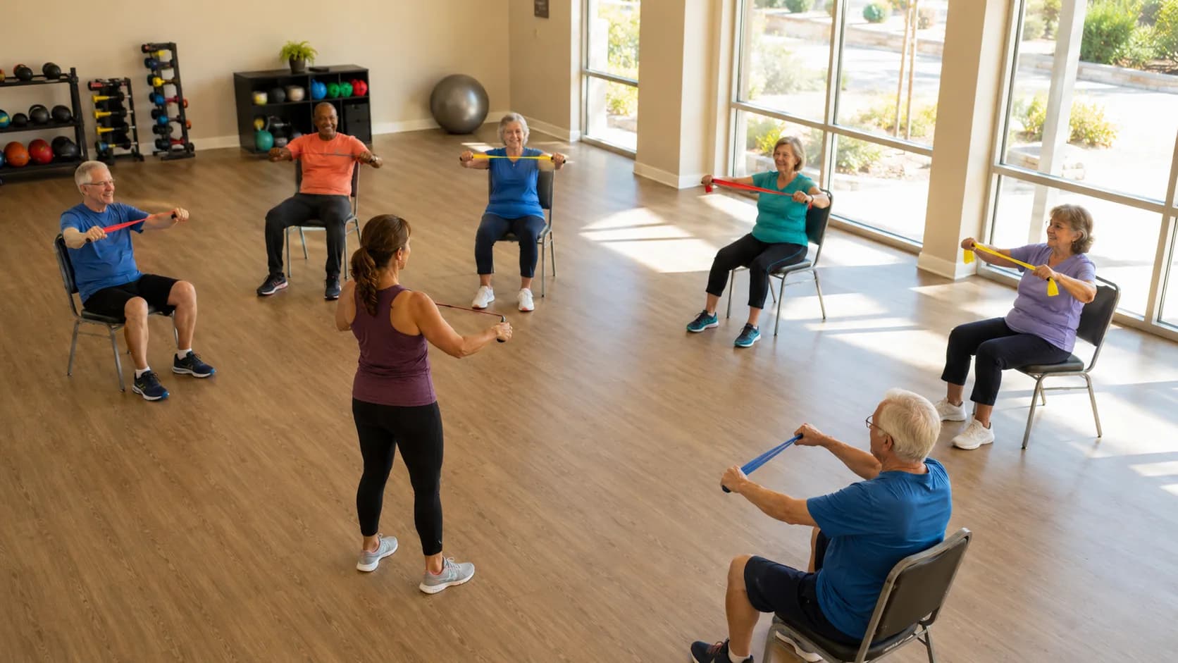 A seniors fitness low-impact class uses resistance bands at a centre in the US