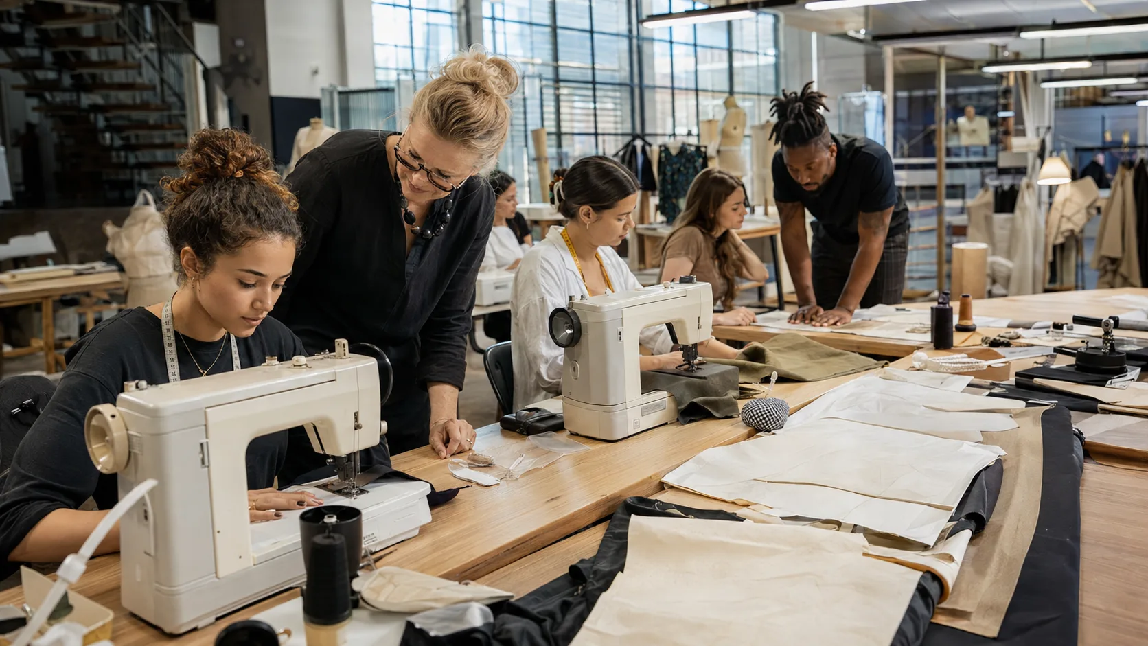 A tutor guides makers using sewing machines in an active dressmaking class in the US