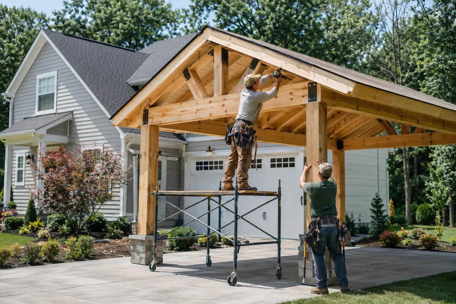 A crew standing a steel shed frame on a poured pad in the US