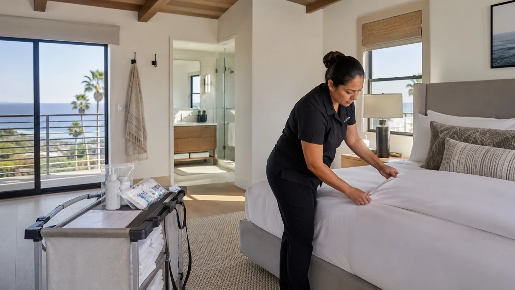 A turnover cleaner making up a bed in a short-stay property in the US