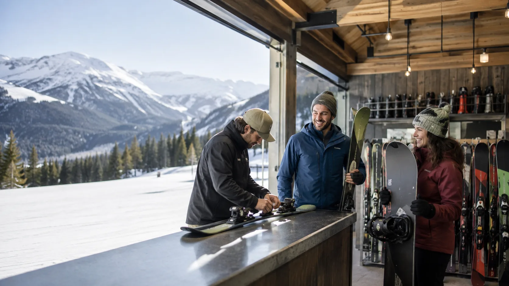 Operator handing over snowboard gear inside a winter shop in the US