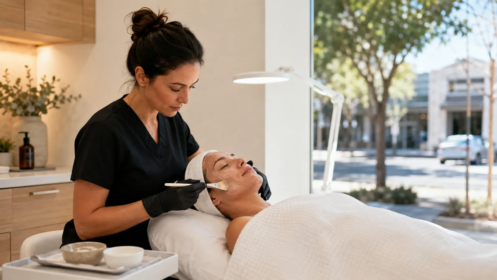 Esthetician applying a facial mask for a client inside a commercial studio in the US