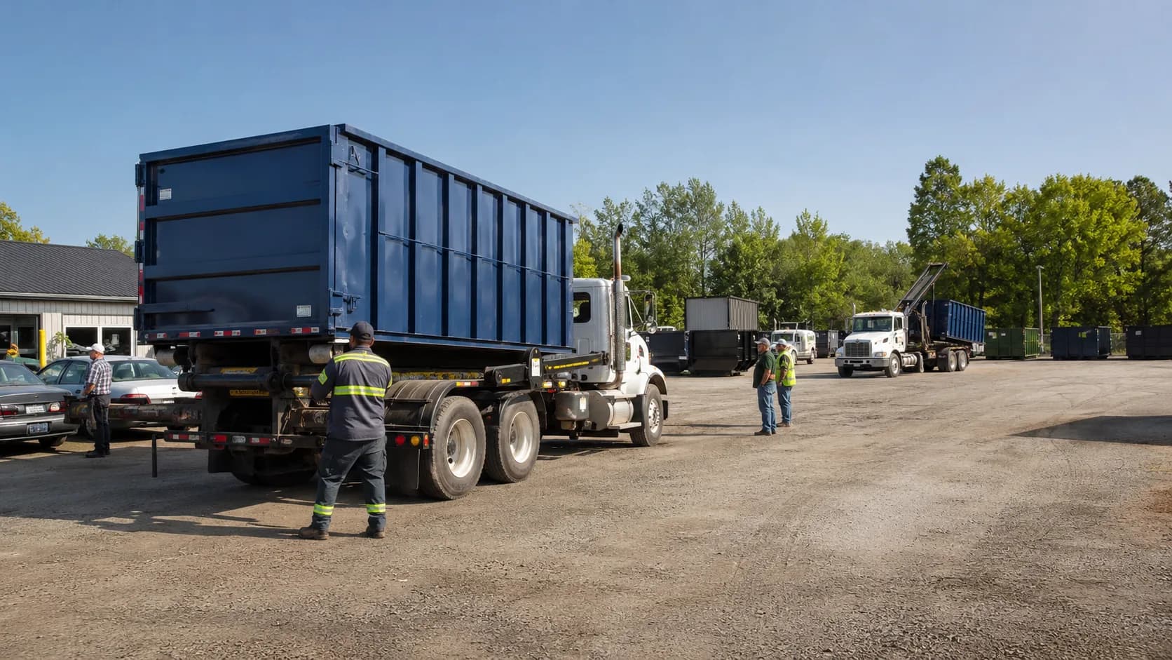 Customers pick up reserved dumpster size from a busy counter in the US