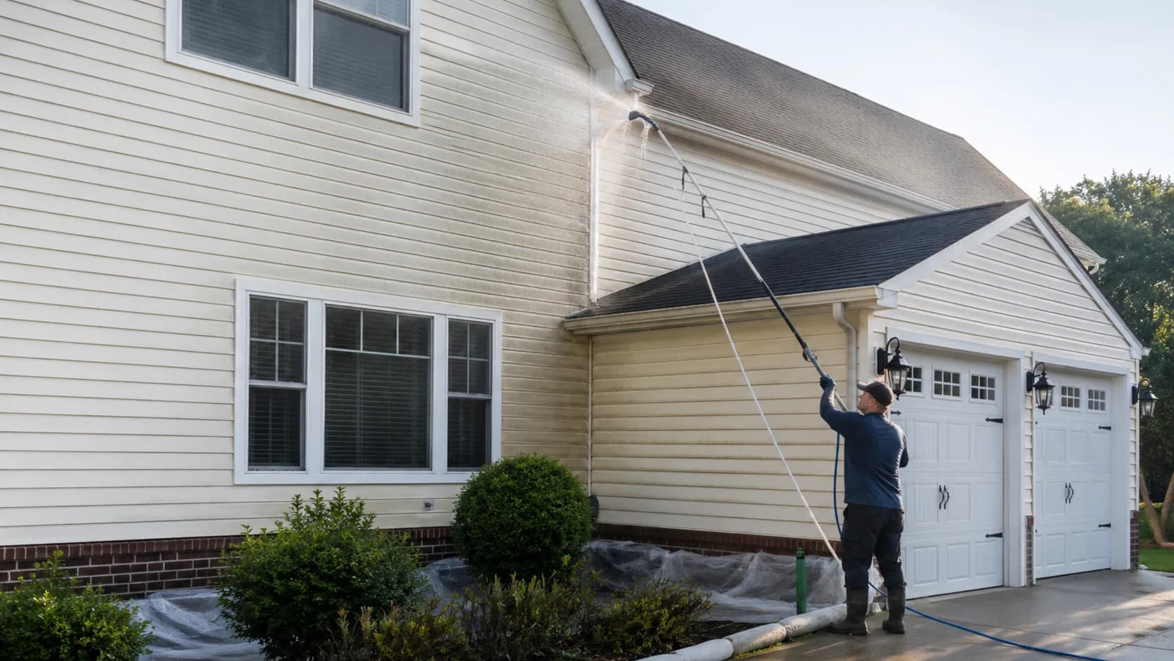 A soft washing operator treating a house roof at low pressure in the US
