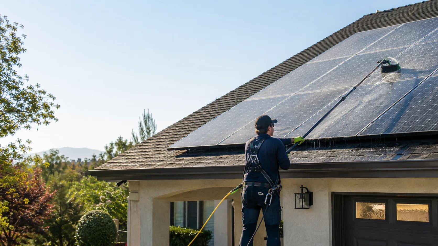 A cleaner washing a rooftop solar array in the US
