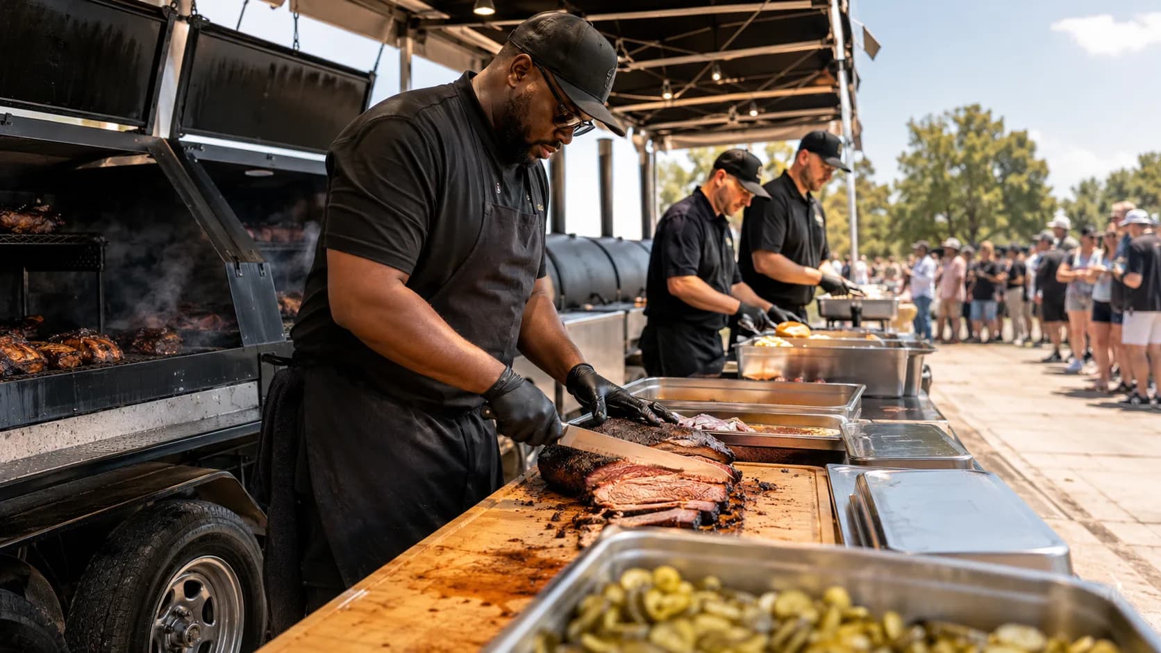 the US barbecue caterer slicing brisket at a large company picnic
