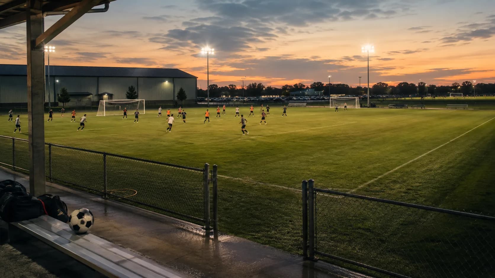 Teams use marked community fields beside a commercial facility in the US