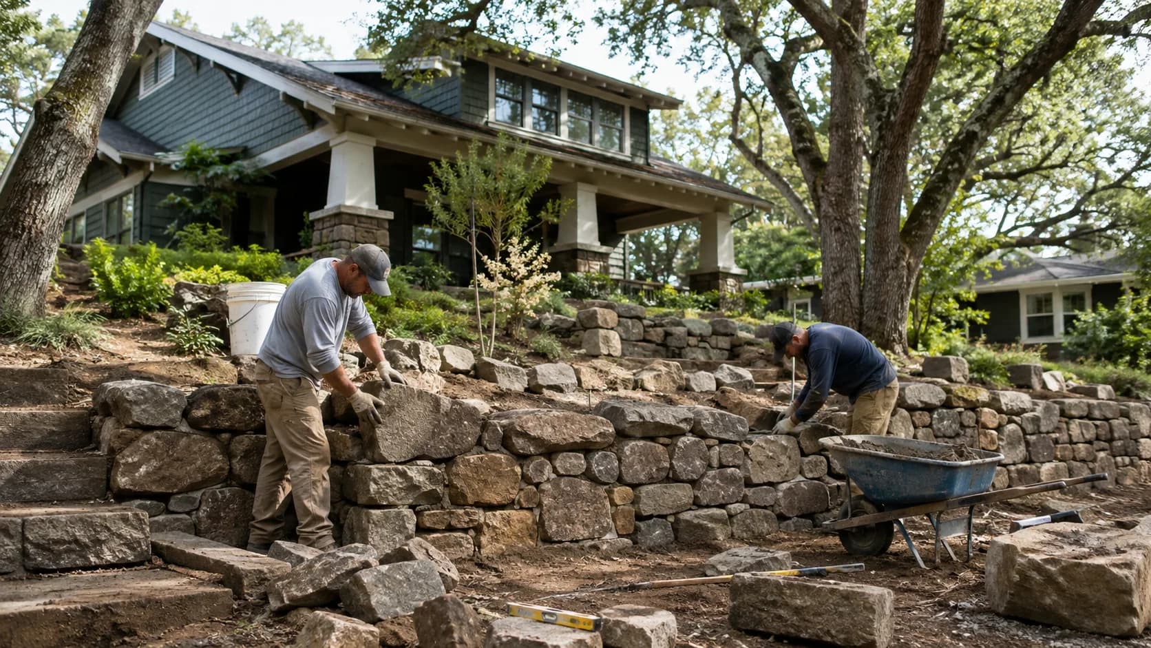 A stonemason dressing a block on site in the US