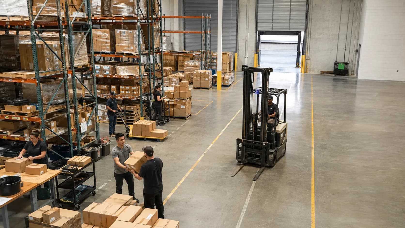 Staff guide a hirer through an active warehouse storage bay