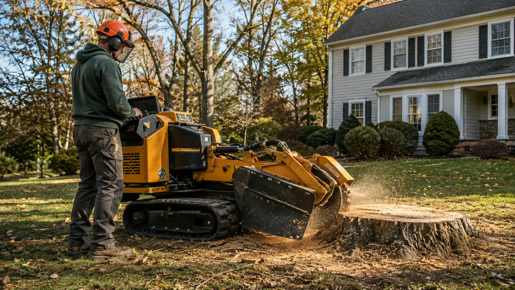 An operator grinds a stump on a front lawn outside an American house