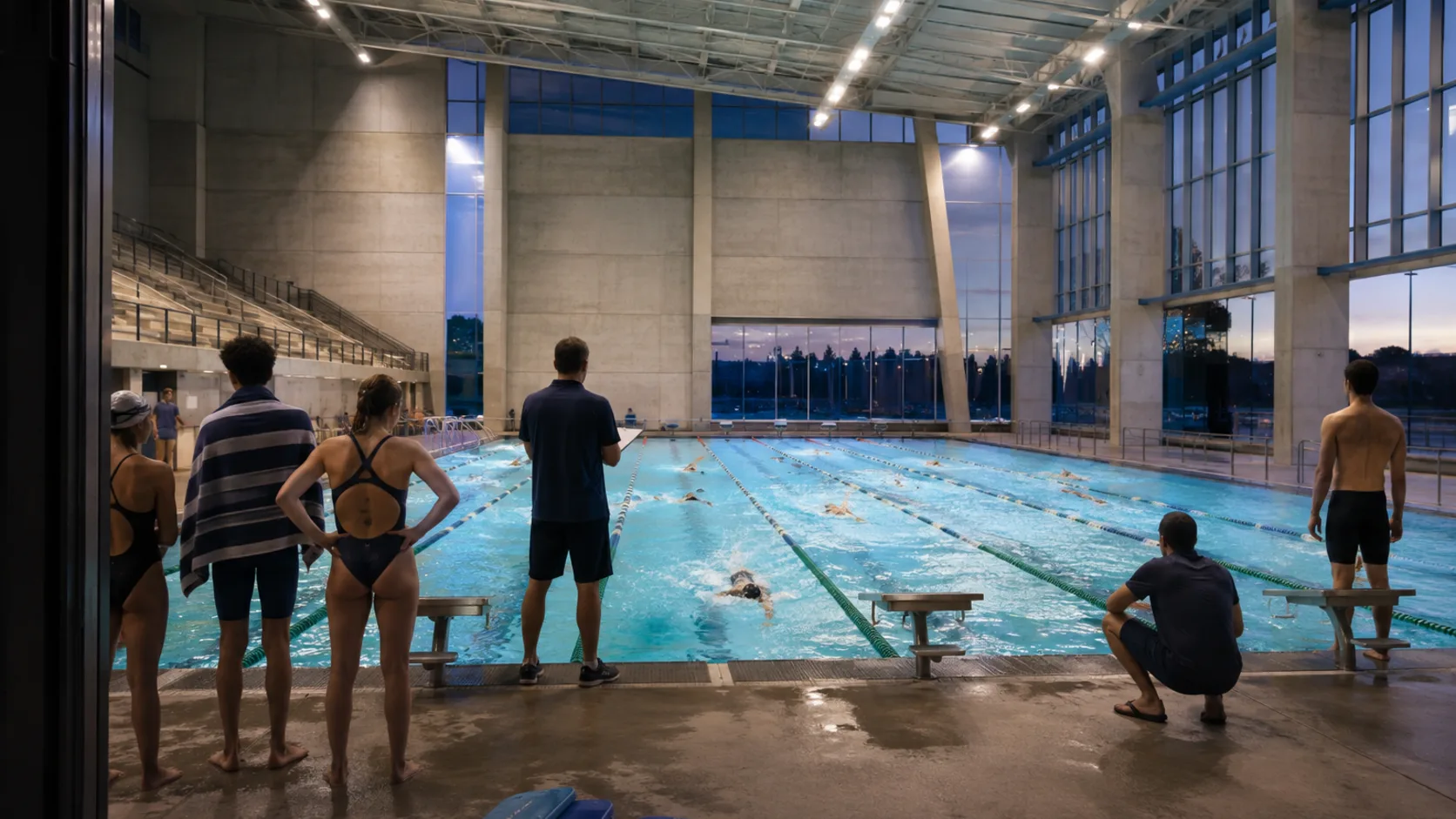 Swim team trains inside a spacious competition pool in the US