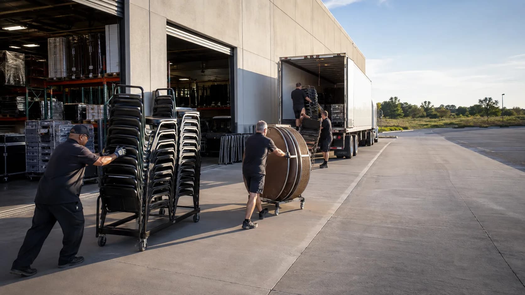 Crew moving chair stacks from a rental warehouse in the US