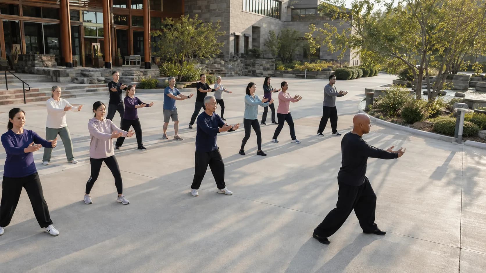 A large tai chi class practises in a recreation space in the US