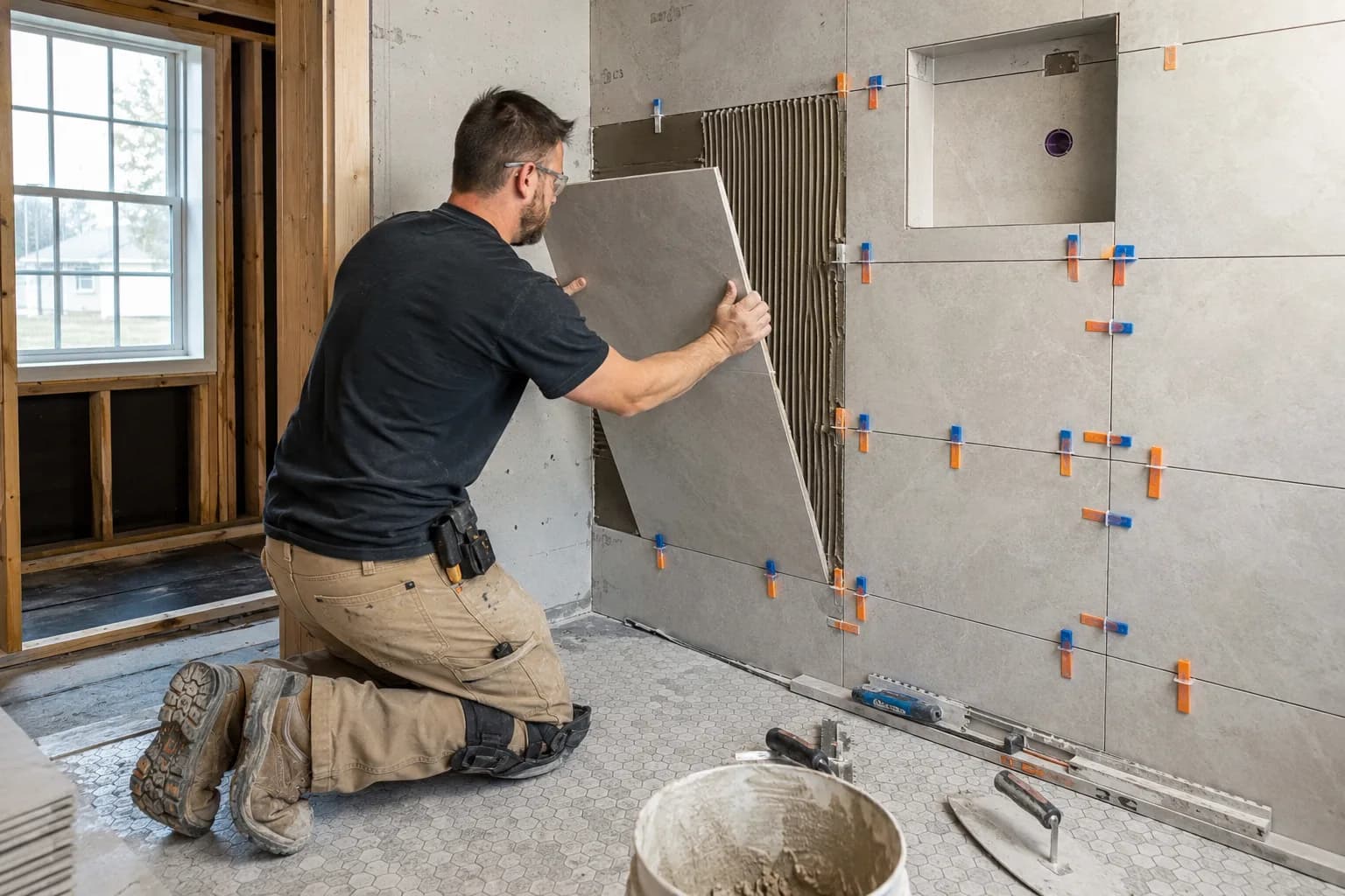 A tiler laying a bathroom floor in the US