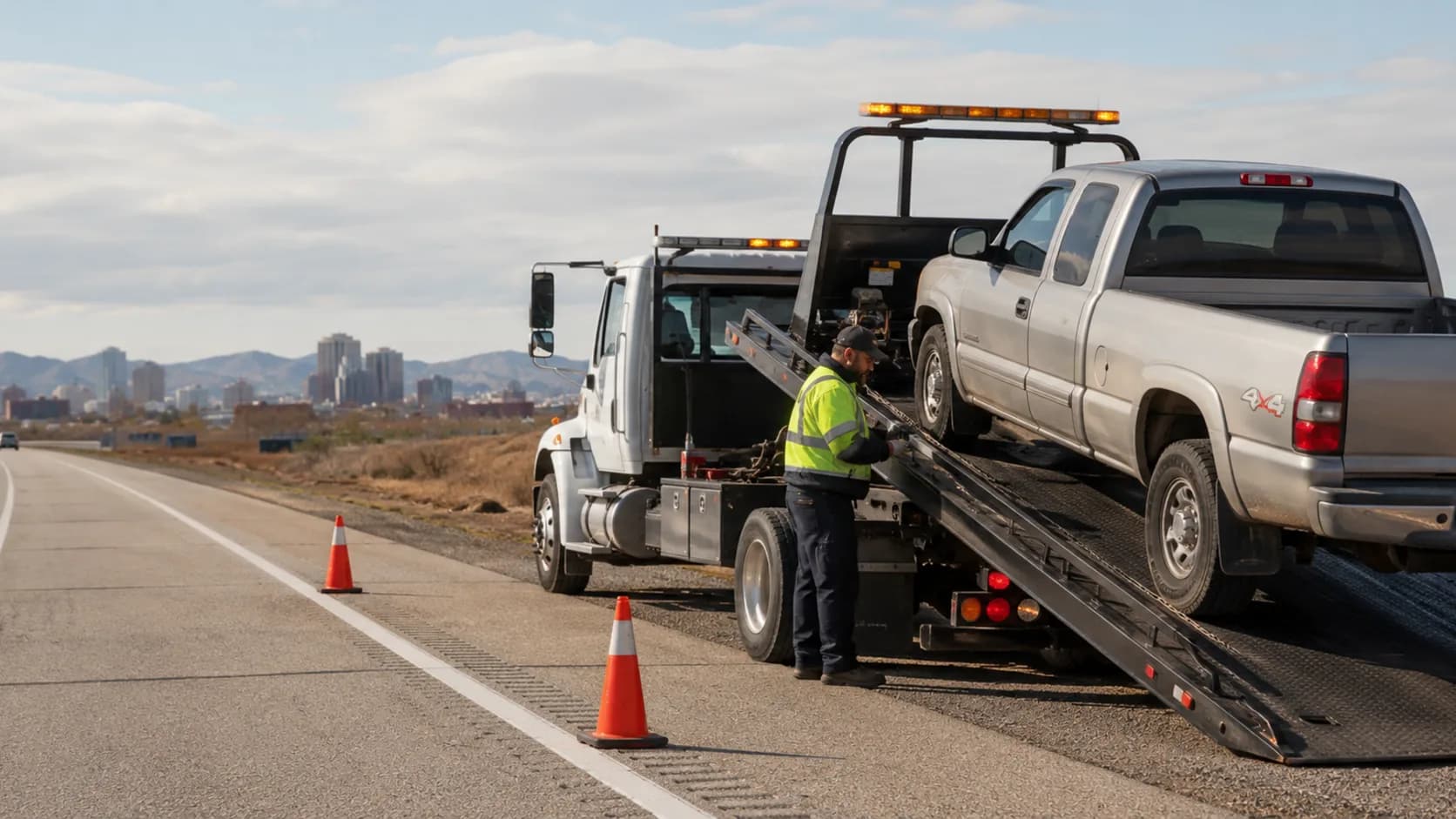 A flatbed loads a car outside a US dealership lot in bright morning light