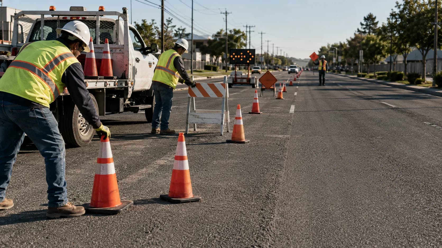 A traffic control crew working a lane closure in the US