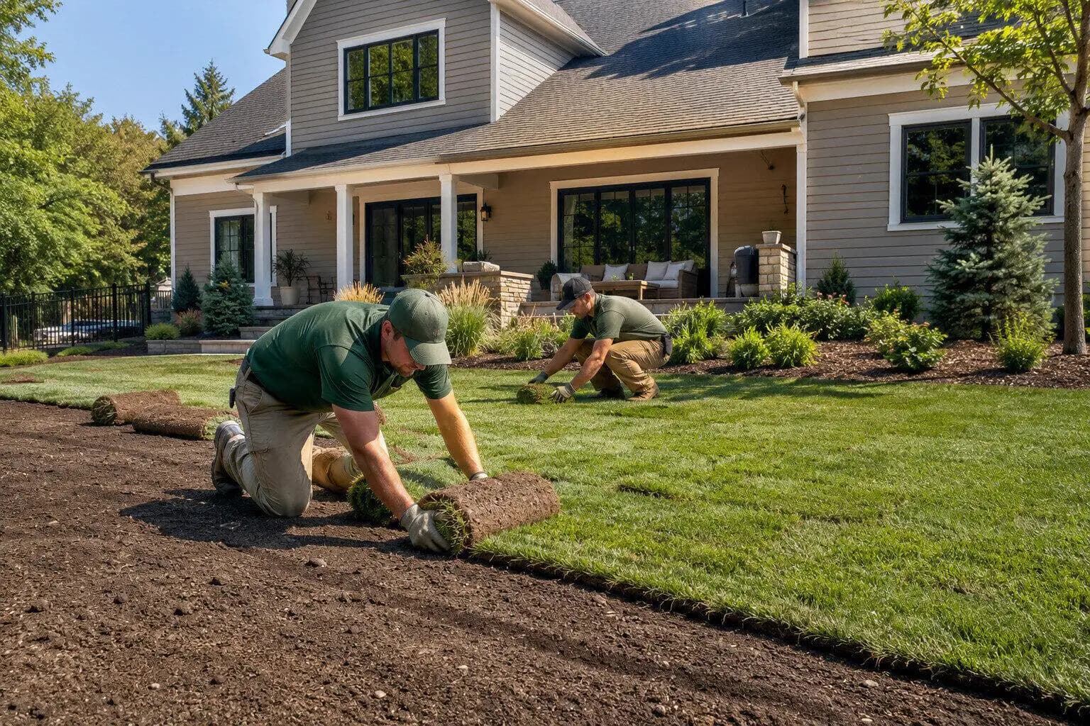 A crew rolling out new lawn over prepared ground in the US