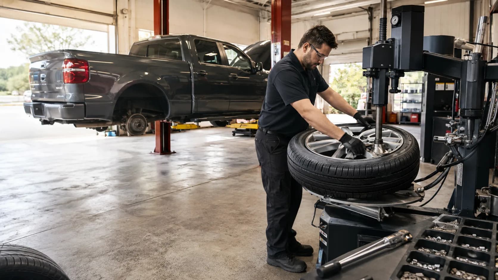 A wheel going back on in a fitting bay in the US