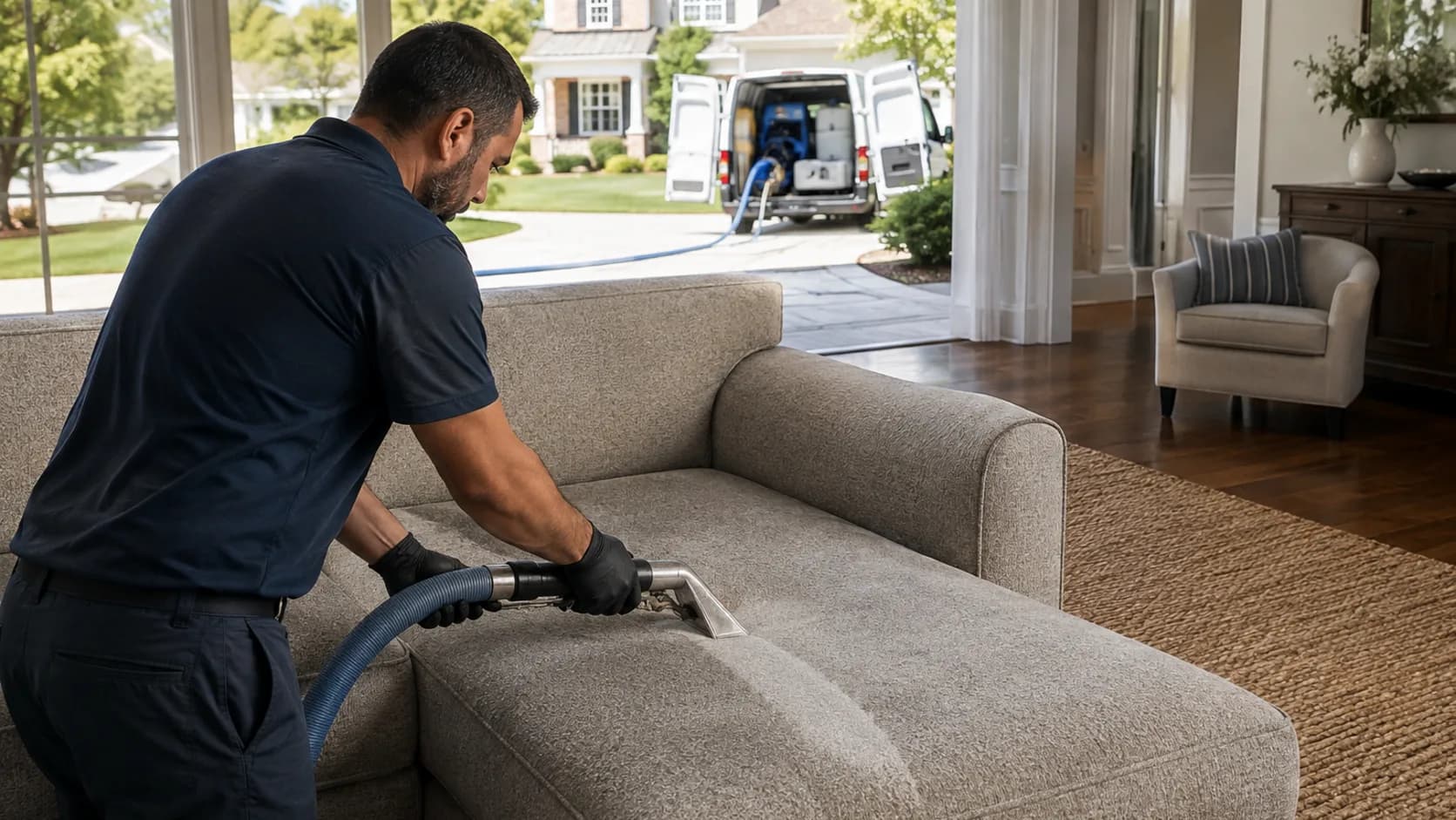 A technician steam-cleaning a fabric sofa in the US