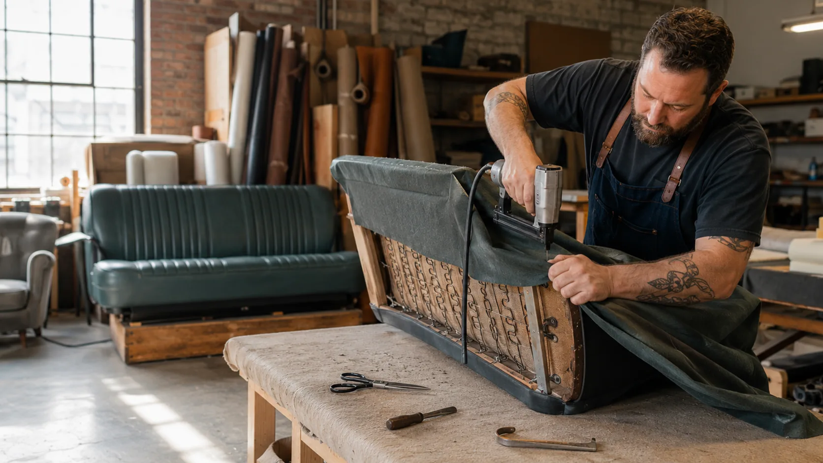 An upholsterer re-covering a chair in a workshop in the US