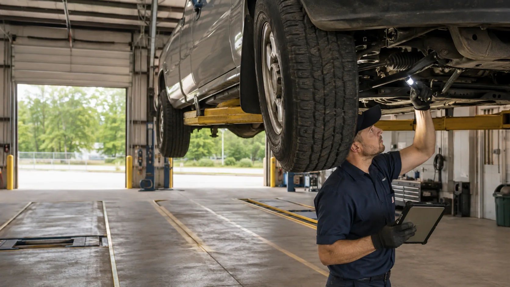 An inspector under a raised car on a shop lift, checking the underside with a flashlight