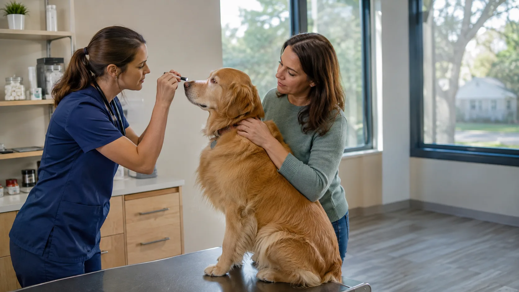 A vet checks a golden retriever's teeth with the owner holding it in an American clinic