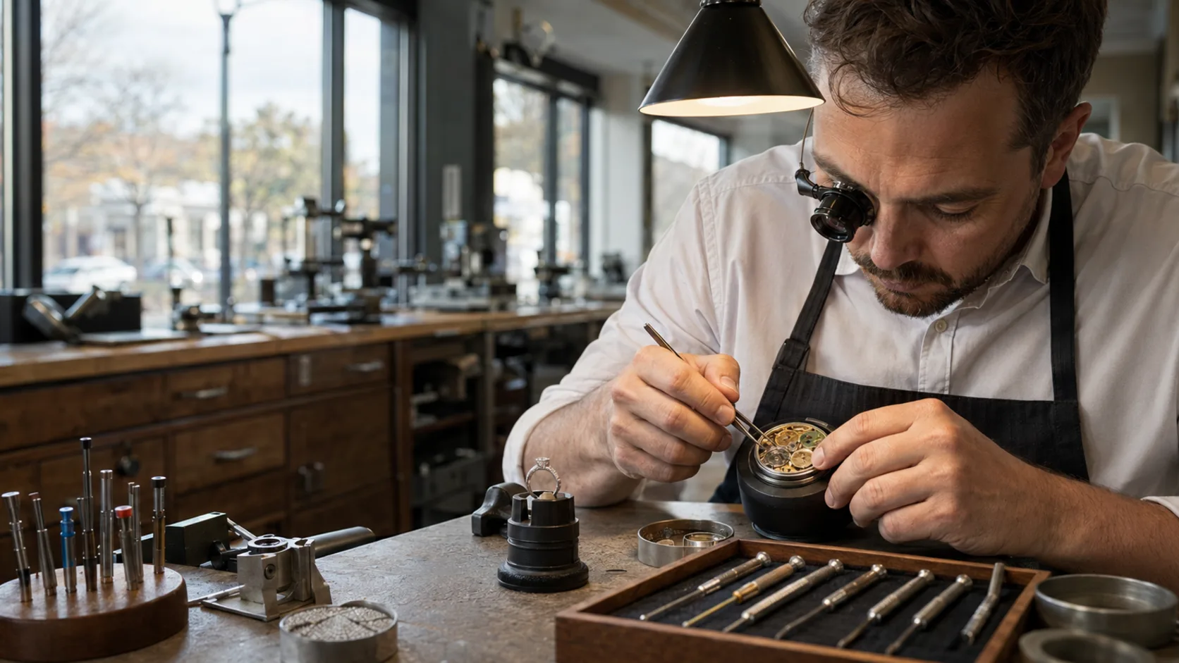 A repairer working on a watch movement at a jeweller's bench in the US
