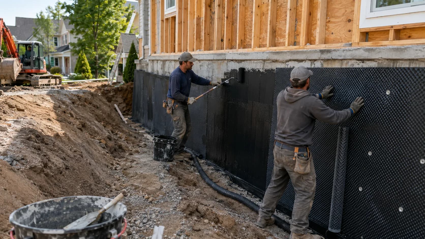 A waterproofer rolling membrane onto a bathroom floor in the US