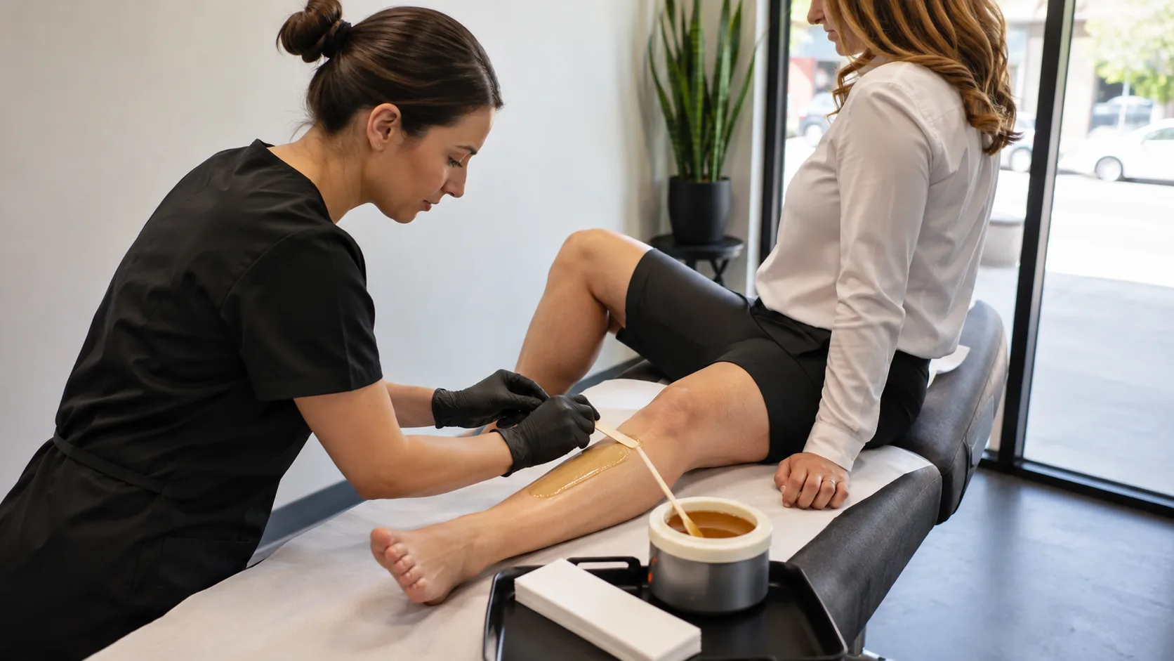Esthetician applying leg wax for a client inside a commercial studio in the US