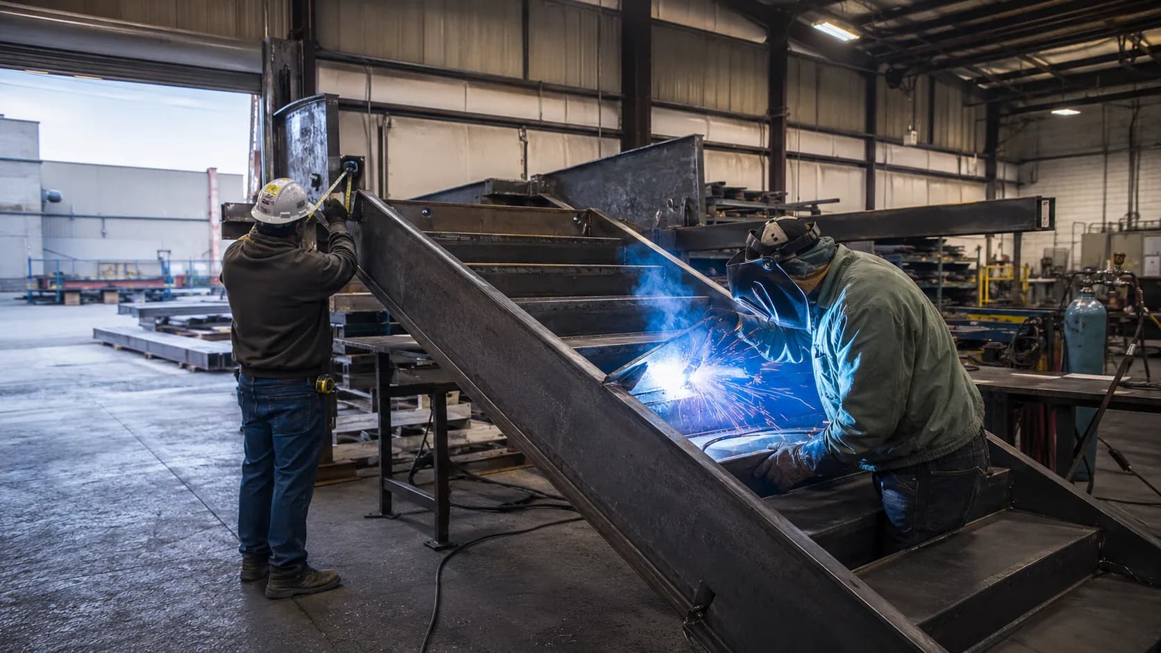 A welder joining steel in a fabrication workshop in the US