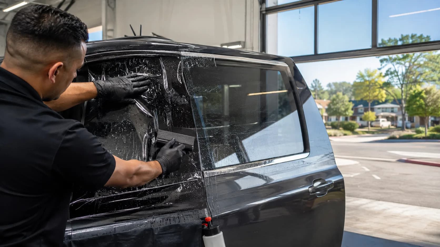 A tinter squeegeeing film onto a window in the US