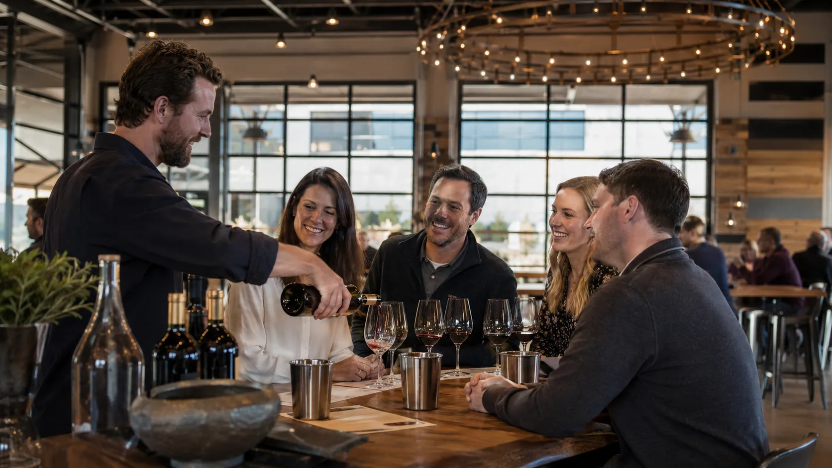 Guests enjoying a hosted wine flight at a winery in the US
