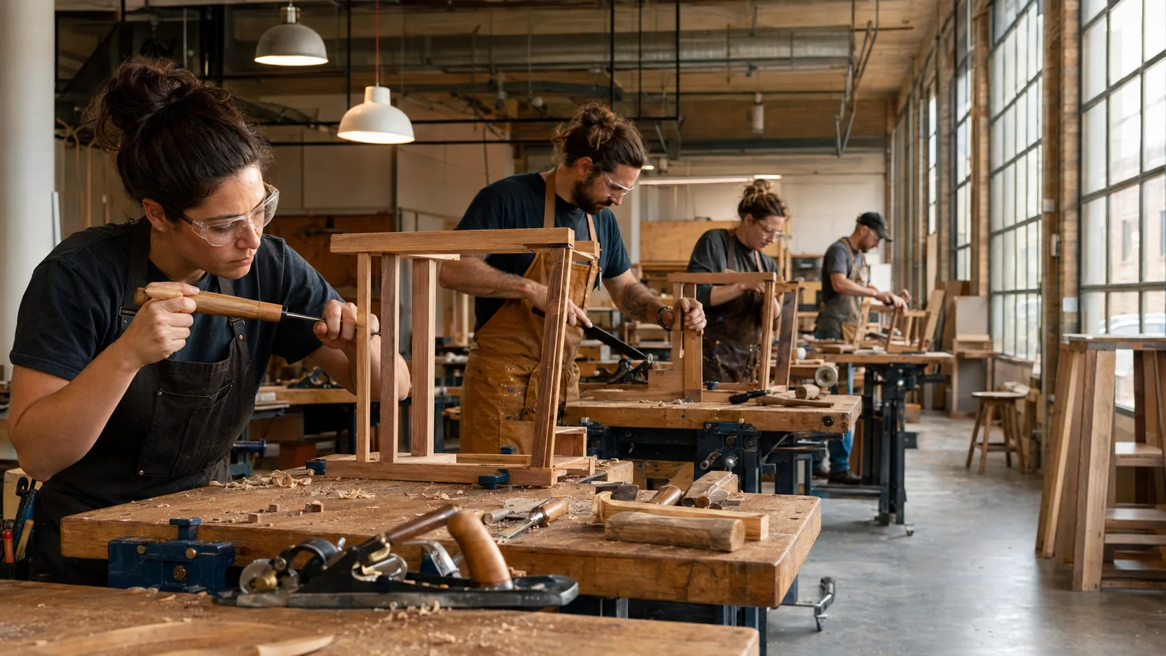 A woodworking instructor guiding two students at vice-fitted benches in a well-lit shop in the US