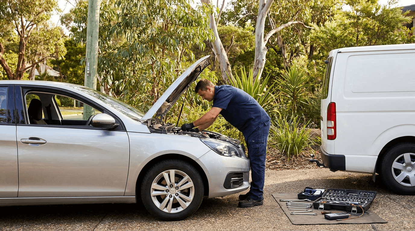 A mobile mechanic working under a car bonnet in a suburban driveway