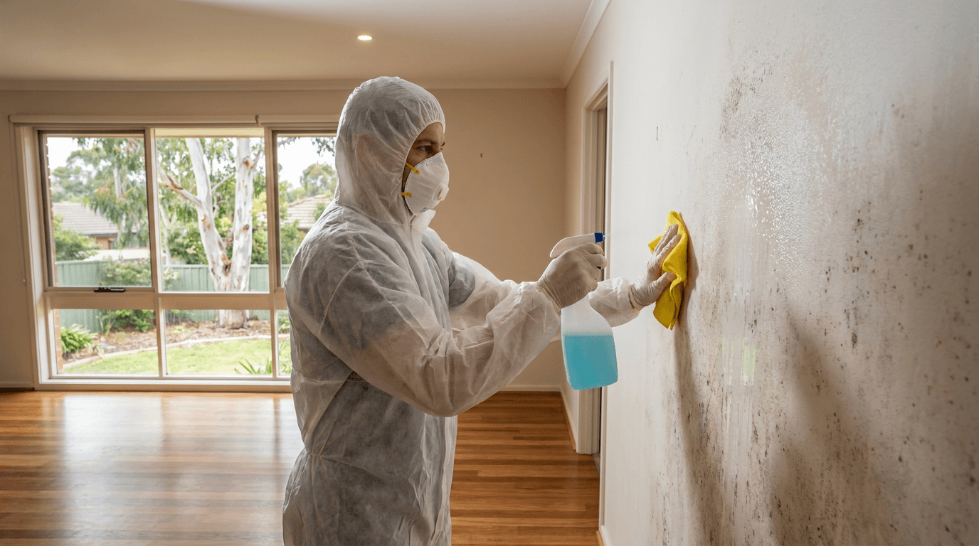 A specialist treating and removing mould from a wall