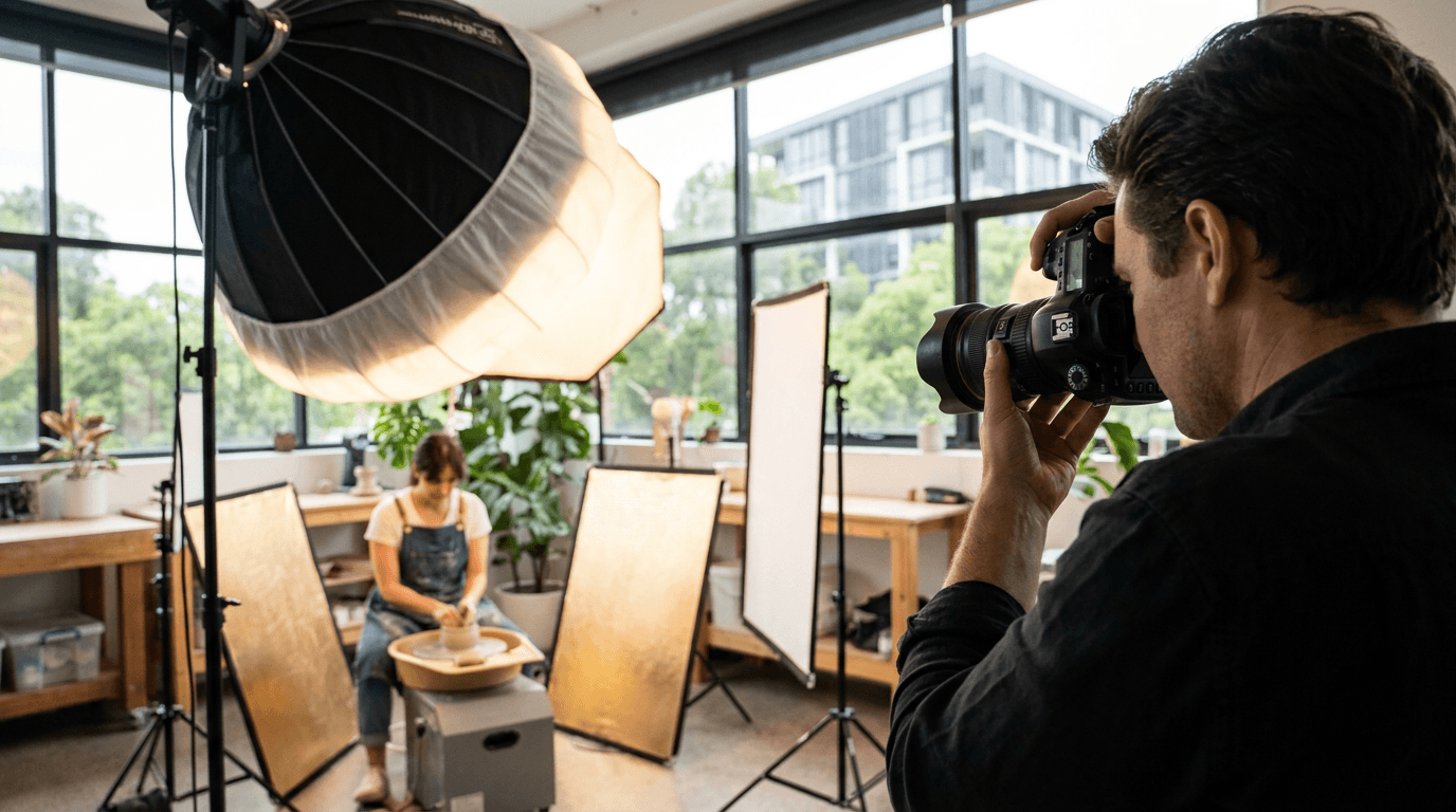 A photographer shooting a subject in a bright modern studio