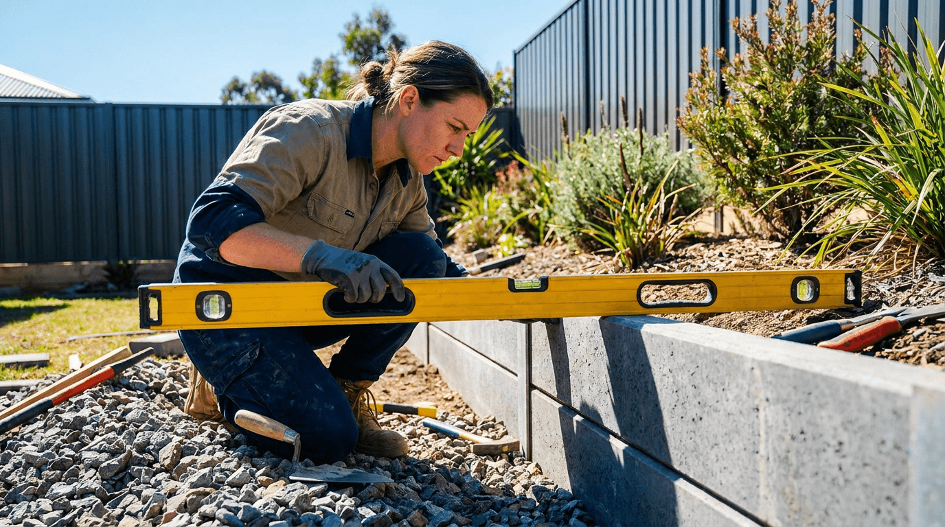 A landscaper building a retaining wall in a backyard