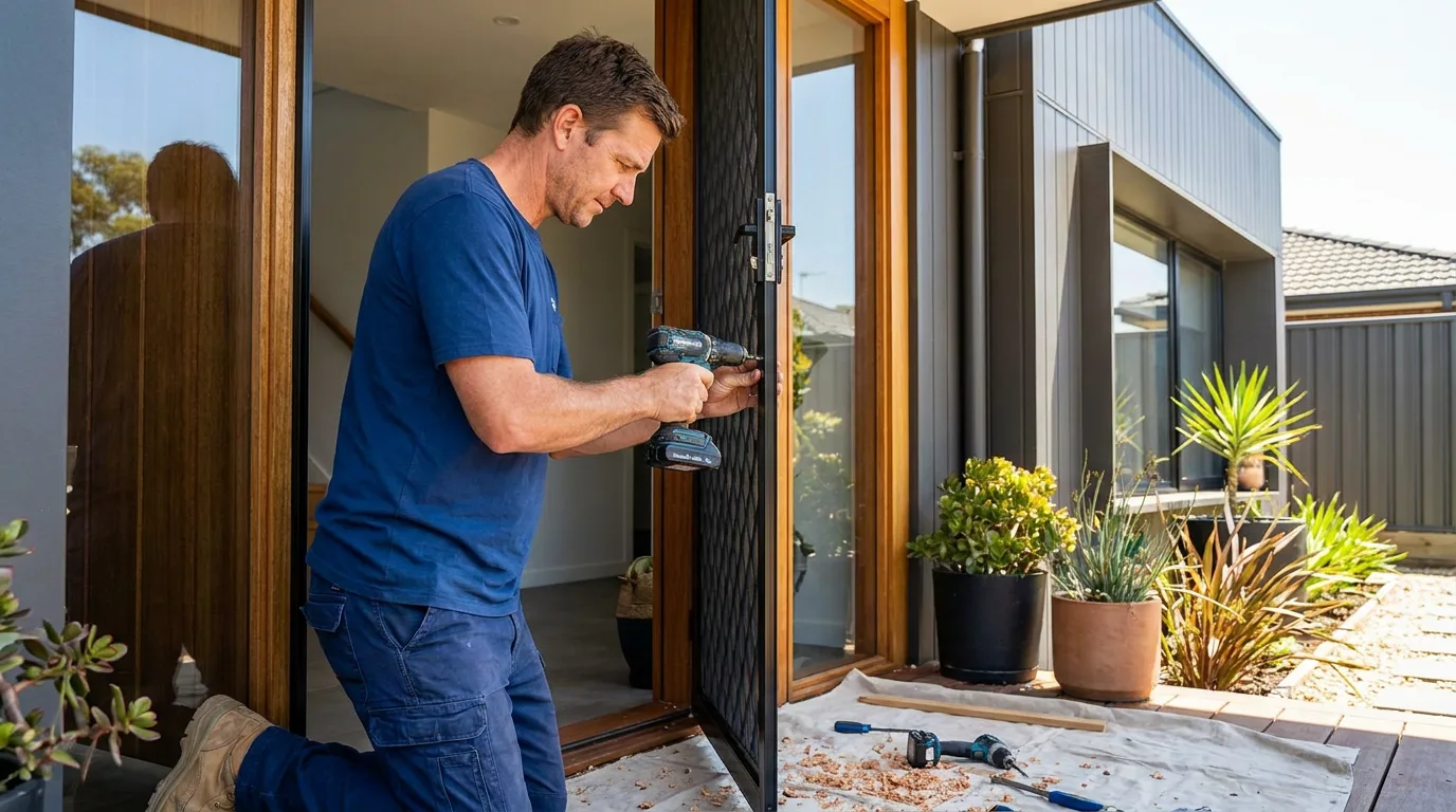 An installer fitting a security screen door to a house in Ireland